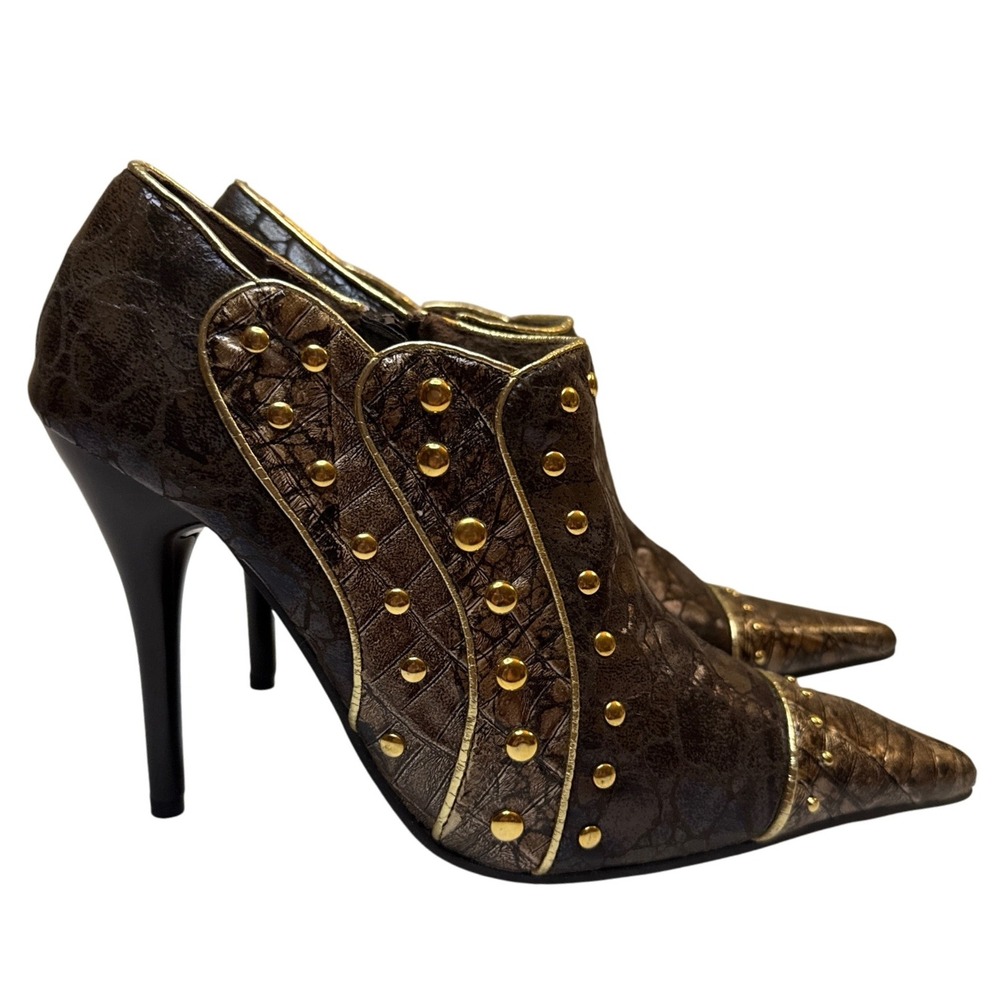 Women's Brown Gold Studded‎ Pointed Toe Stiletto Heel Ankle Booties 7